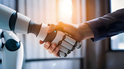 close=up of handsahke of robot and human