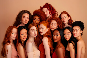 Obraz premium Faces of models of different nationalities and ages. Lots of beautiful girls. Fashion and women's beauty industry