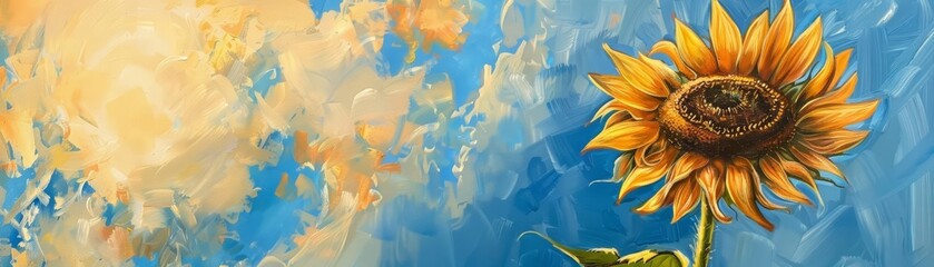 Fototapeta premium A sunflower turns its broad face to follow the sun, its golden petals a stark contrast against the bright blue sky, embodying the warmth and energy of a summers day