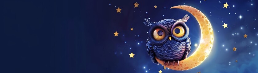 A wideeyed owl perched on a crescent moon gently coos a lullaby, surrounded by twinkling stars in a deep blue night sky, cartoon concept - obrazy, fototapety, plakaty
