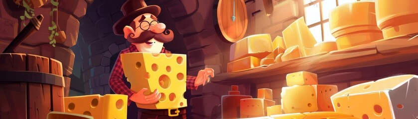 An old wise cracker, adorned with a monocle and mustache, shares crunchy tales with young cheeses in a snug pantry, cartoon concept