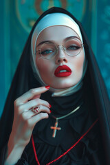 A catholic church sister with a cigarette. The concept of vice	
