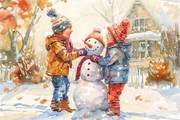 Children giggle as they build a snowman in the front yard, their cheeks rosy and their mittens dotted with fresh snowflakes, kawaii, bright water color