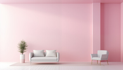 3D rendering of a pink living room with a sofa and an armchair