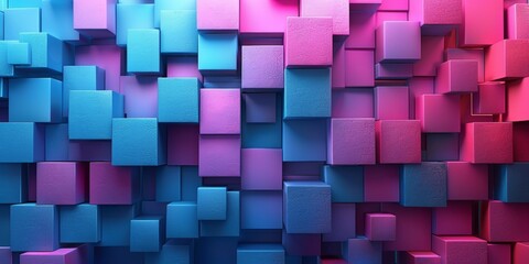 A wall of colorful blocks with a blue and pink background