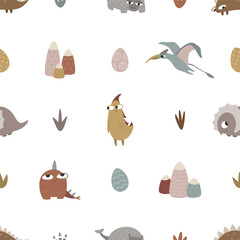 Dragons, dinosaurs, eggs, mountains, paw prints, boho concept. Seamless pattern for print. Vector illustration in flat modern style.
