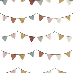 Flags, streamer with flags, boho concept. Seamless pattern for print. Vector illustration in flat modern style.