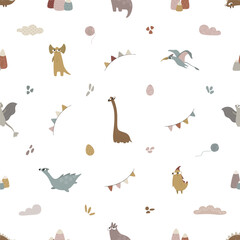 Cute dragons and dinosaurs. Seamless pattern. Template for print, textile, paper. Vector illustration in flat style.