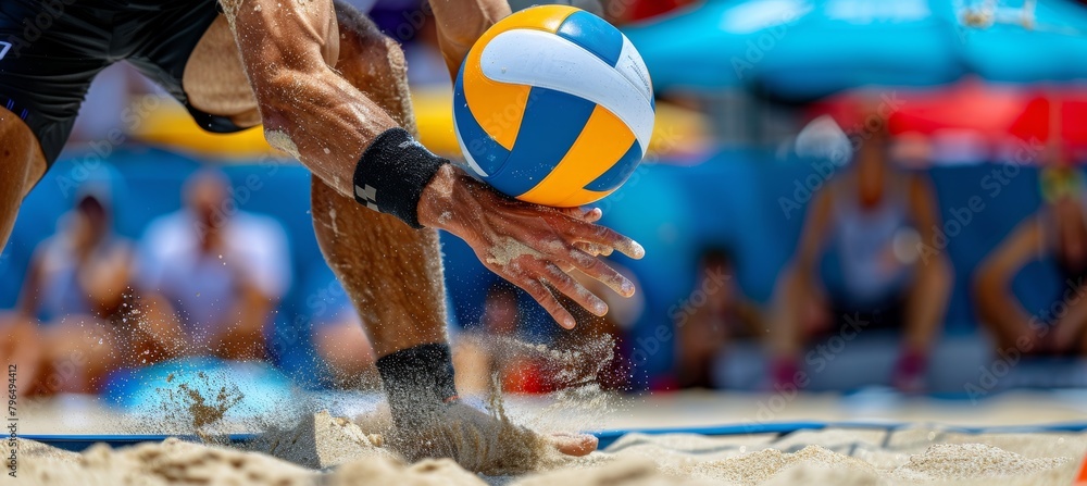 Poster beach volleyball player s agile block at the net, showcasing precision and timing in summer olympics