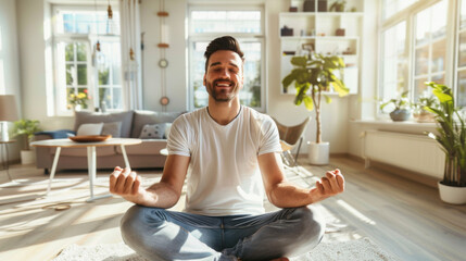 Happy man practicing relaxation breathing
