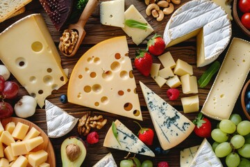 Various types of cheese on a wooden table.