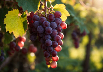 Vineyards at sunset in autumn harvest. Ripe grapes in fall.