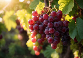 Vineyards at sunset in autumn harvest. Ripe grapes in fall.