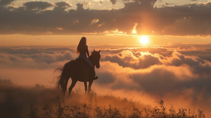 Sylwetka kobiety na koniu podczas wschodu słońca - obrazy, fototapety, plakaty