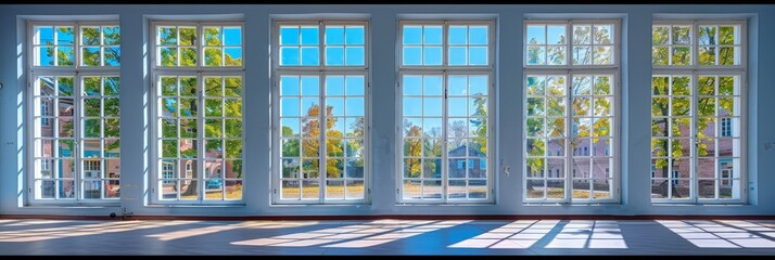 Classroom Windows Overlooking Sunny School Yard - White Background for Educational Environment