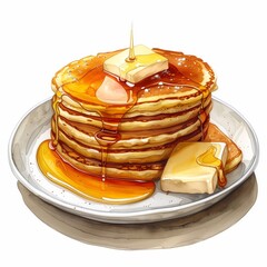 watercolor illustration. stack of pancakes with honey butter on a white plate isolated on a white background.