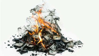 Conceptual image of burnt money illustrating financial ruin and capital destruction, AI generative.