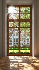 Fototapeta premium Bright Classroom Windows with Sunny Schoolyard View - Academic Environment for Learning and Education