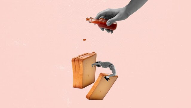 Contemporary art. Stop motion, animation. Funny image of young man on bread and human hand pouring ketchup. Concept of retro style, creativity, surrealism, imagination. Copy space or ad, poster