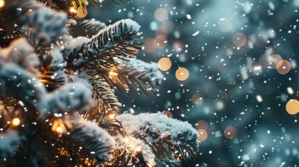 Christmas tree outdoor with snow, lights bokeh around, and snow falling, Christmas atmosphere.
