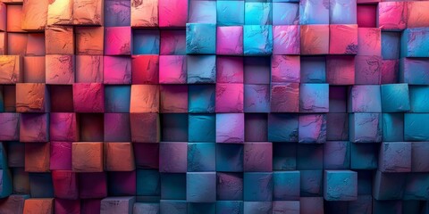 A colorful wall made of blocks with a blue and pink background