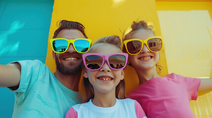 family wearing colorful sunglasses