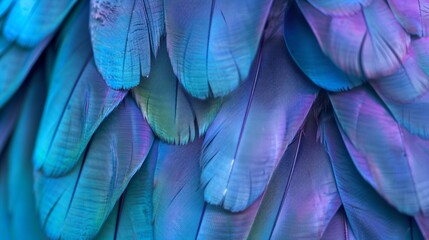 Obraz premium Close up of beautiful bird feathers of Blue and Purple, exotic natural textured background in different blue colors and green.