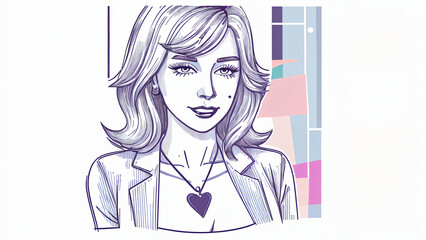 Drawing of a smiling woman. Elegant business woman with heart shape necklace.