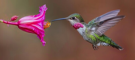 Fototapeta premium Vibrant hummingbirds savoring nectar from blossoms in flight, showcasing beautiful colors