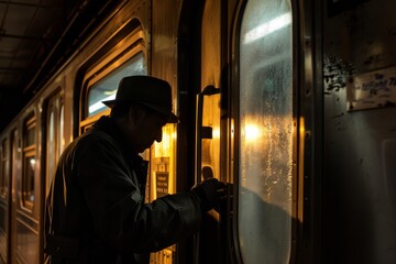 Obraz na płótnie Canvas A mysterious traveler opens a brightly lit train door on a dark night, adding an element of intrigue and travel