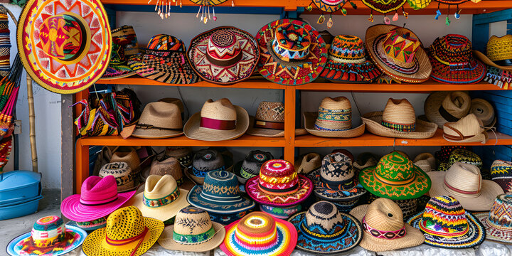 Hats variety at the Jataka weekend market Moroccan hats in the store Morocco With selective focus Traditional Mexican hats on stall in Cuzco Peru.