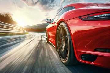 Red business car speeding on high-speed highway curve in sunny day, luxury vehicle racing with...
