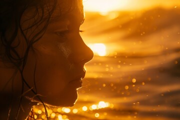 Ocean water softly glistening under the golden hue of the sunset, highlighting strands of hair