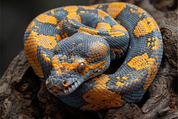 Obraz premium Reticulated Python: Coiled around a tree trunk, displaying its impressive size and pattern.