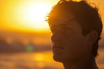 Captivating image of a young boy's profile highlighted by the sunset's golden hues