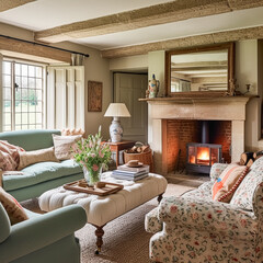Fototapeta premium Cottage interior with modern design and antique furniture, home decor, sitting room and living room, sofa and fireplace in English country house and countryside style