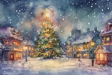 Snow gently falls over a quaint village square, where a towering Christmas tree twinkles with lights and colorful ornaments, kawaii, bright water color