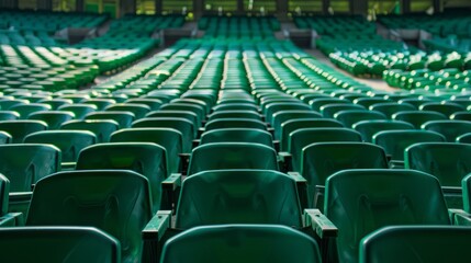 Naklejka premium Seats of green tribune on sport stadium. empty outdoor arena. concept of fans. chairs for audience. cultural environment concept. color and symmetry. empty seats.
