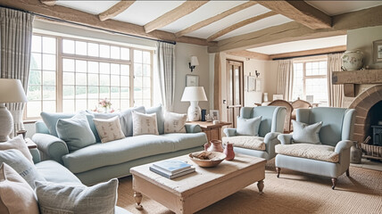 Modern cottage sitting room, living room interior design and country house home decor, sofa and lounge furniture, English Cotswolds countryside style - obrazy, fototapety, plakaty