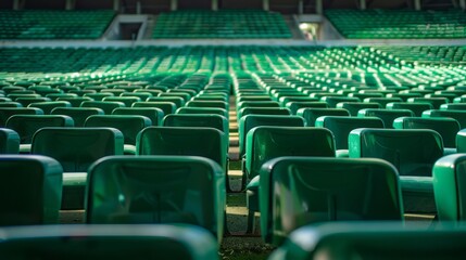 Fototapeta premium Seats of green tribune on sport stadium. empty outdoor arena. concept of fans. chairs for audience. cultural environment concept. color and symmetry. empty seats.