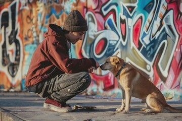 An anonymous person shares a moment with a loyal canine against a vibrant graffiti backdrop,...