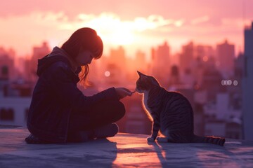 The serene sunset paints a vivid backdrop as a woman reaches out to a cat on a rooftop, showcasing the tenderness between human and animal