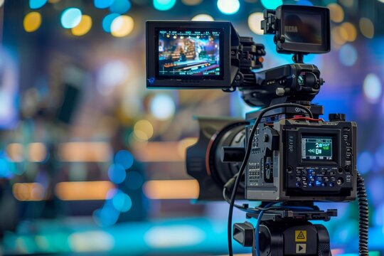 Modern video camera recording interview in tv show studio. Behind the scenes of movie making.