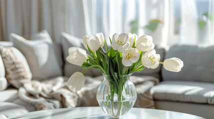 Vase with blooming white tulip flowers on coffee table