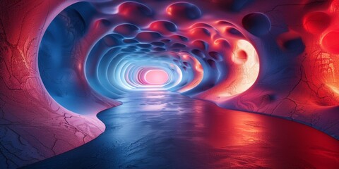 A long tunnel with a blue and red color scheme