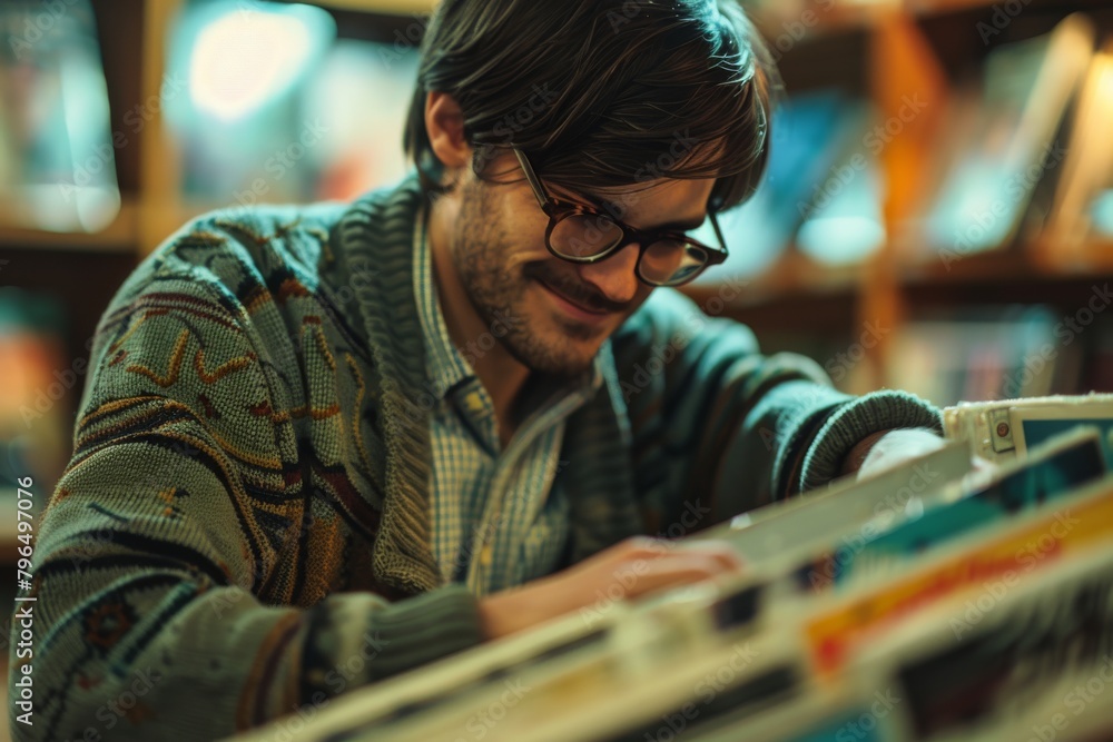 Poster Engrossed in searching for the perfect read, a man navigates through bookshelves in a cozy bookstore