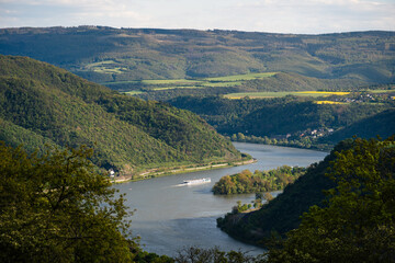 Blick vom Hardungsberg bei Kaub ins Mittelrheintal, April 2024