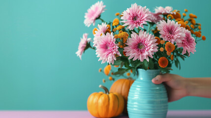 Vase with pink chrysanthemum flowers and pumpkins 