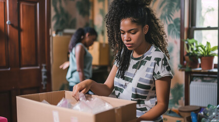 Young woman and her friend packing their belongings while preparing to move out of apartment