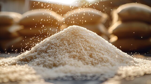 Stacks of rice, jasmine rice, and rice in sacks in the background.